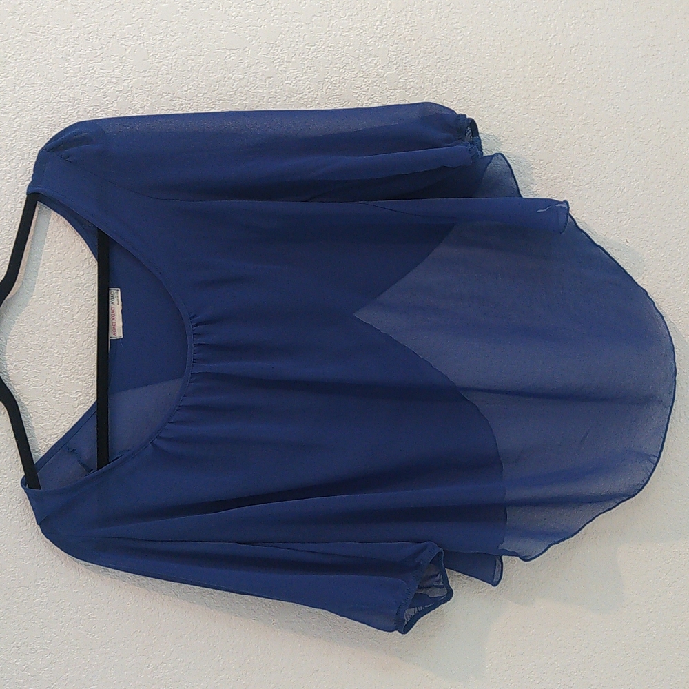 Sheer blue blouse with cropped back
